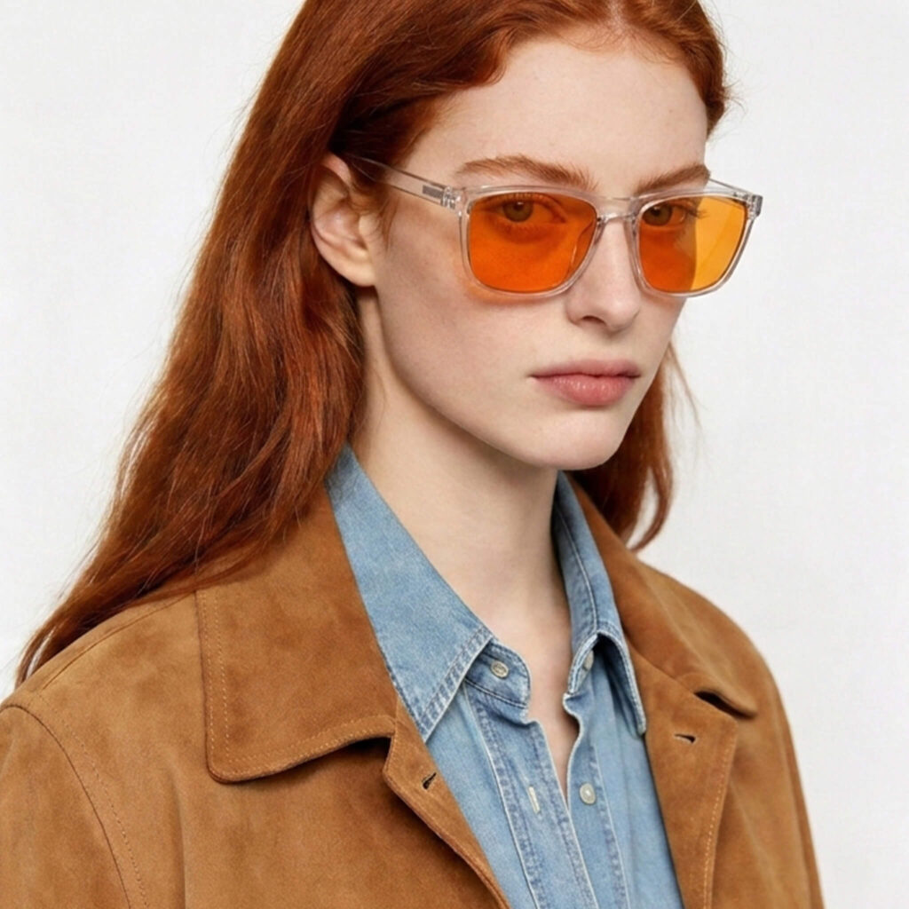 168-emale model showcasing Gloojo Night Ease orange-lens glasses for sleep recovery