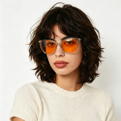 179-Female model wearing Gloojo Night Ease orange lenses for circadian health