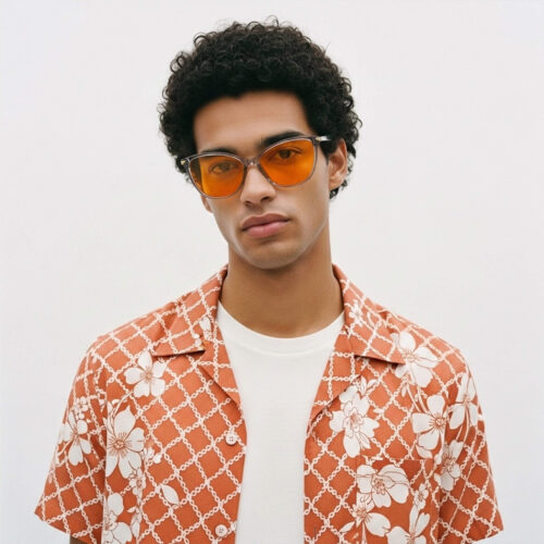 179-Male model showcasing Gloojo Night Ease orange-lens glasses for sleep recovery