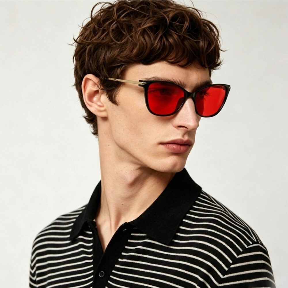 179-Male model wearing Gloojo Night Ease red-lens eyewear for circadian health 179-Male model wearing Gloojo Night Ease red-lens eyewear for circadian health