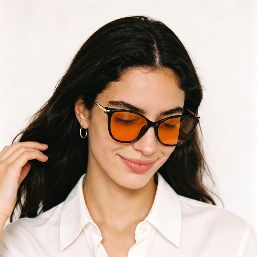 179-Portrait of model in Gloojo Night Ease orange-tinted eyewear for better rest