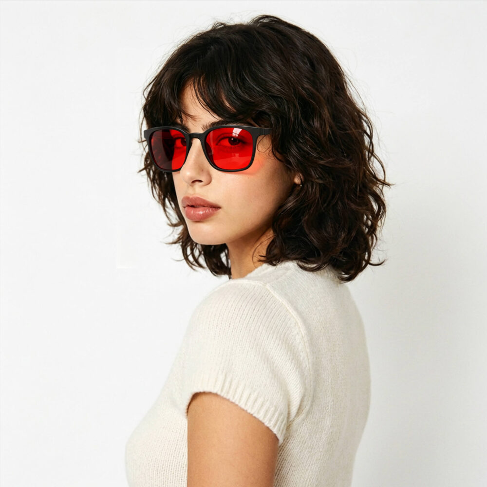 266-Female model in Gloojo Night Ease red-tinted eyewear for enhanced physical repair