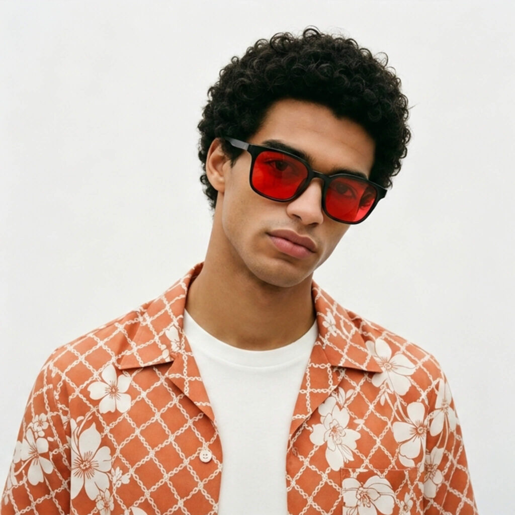 266-Male model featuring Gloojo Night Ease red lenses for optimal nighttime repair