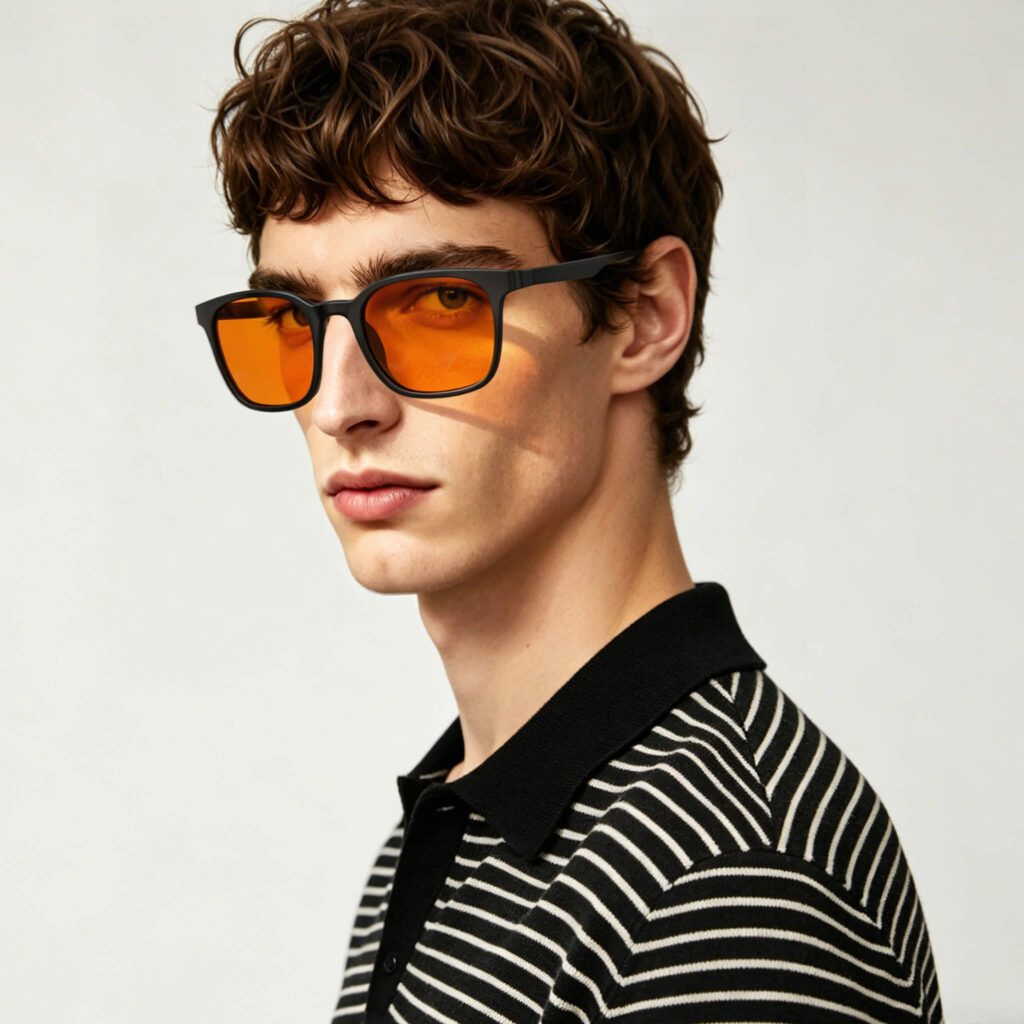 266-Male model wearing Gloojo Night Ease orange lenses to protect his nighttime rest