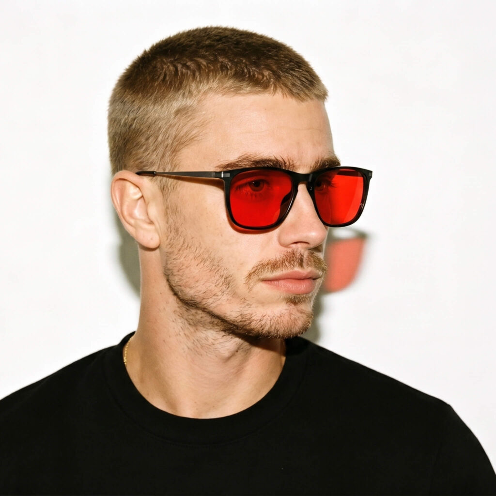 3067-Close-up of male model in Gloojo Night Ease sleep glasses with red lenses