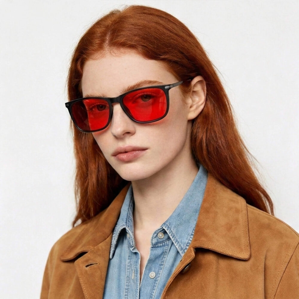 3067-Female model in Gloojo Night Ease red-tinted eyewear for deep sleep optimization 3067-Female model in Gloojo Night Ease red-tinted eyewear for deep sleep optimization