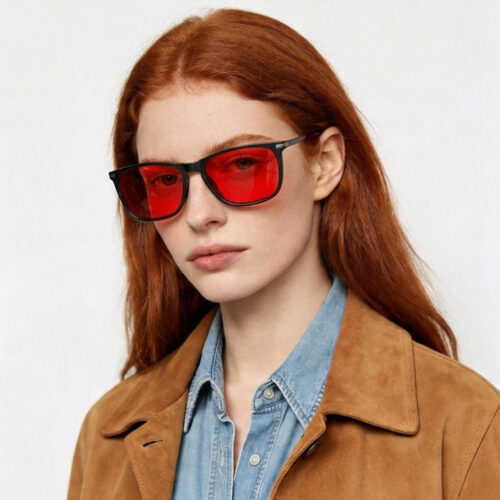 3067-Female model in Gloojo Night Ease red-tinted eyewear for deep sleep optimization 3067-Female model in Gloojo Night Ease red-tinted eyewear for deep sleep optimization