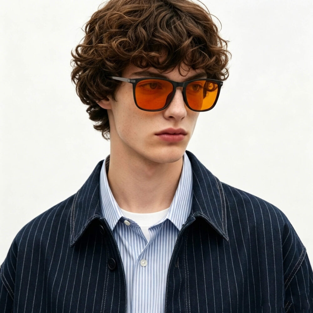 3067-Male model wearing Gloojo Night Ease orange lenses for sleep optimization