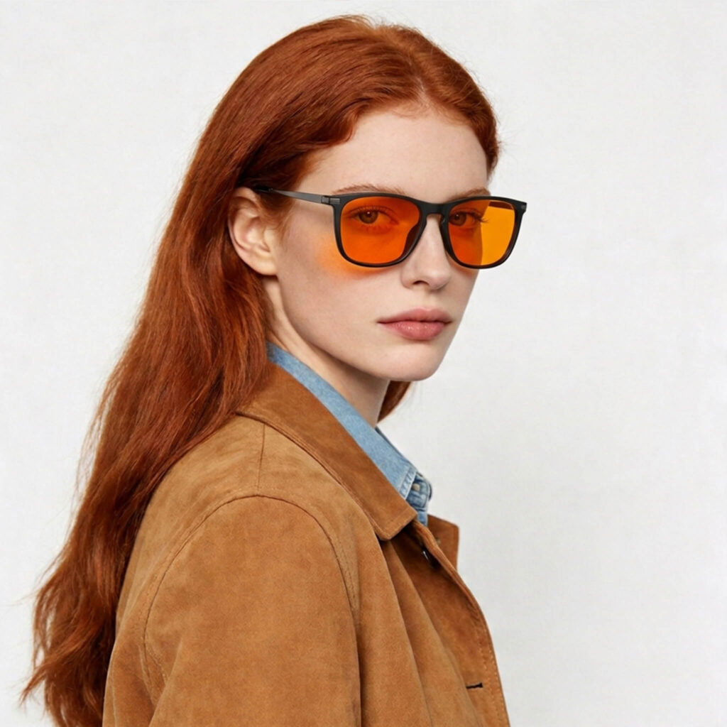 3067-Portrait of a model featuring Gloojo Night Ease orange lenses to support natural melatonin production