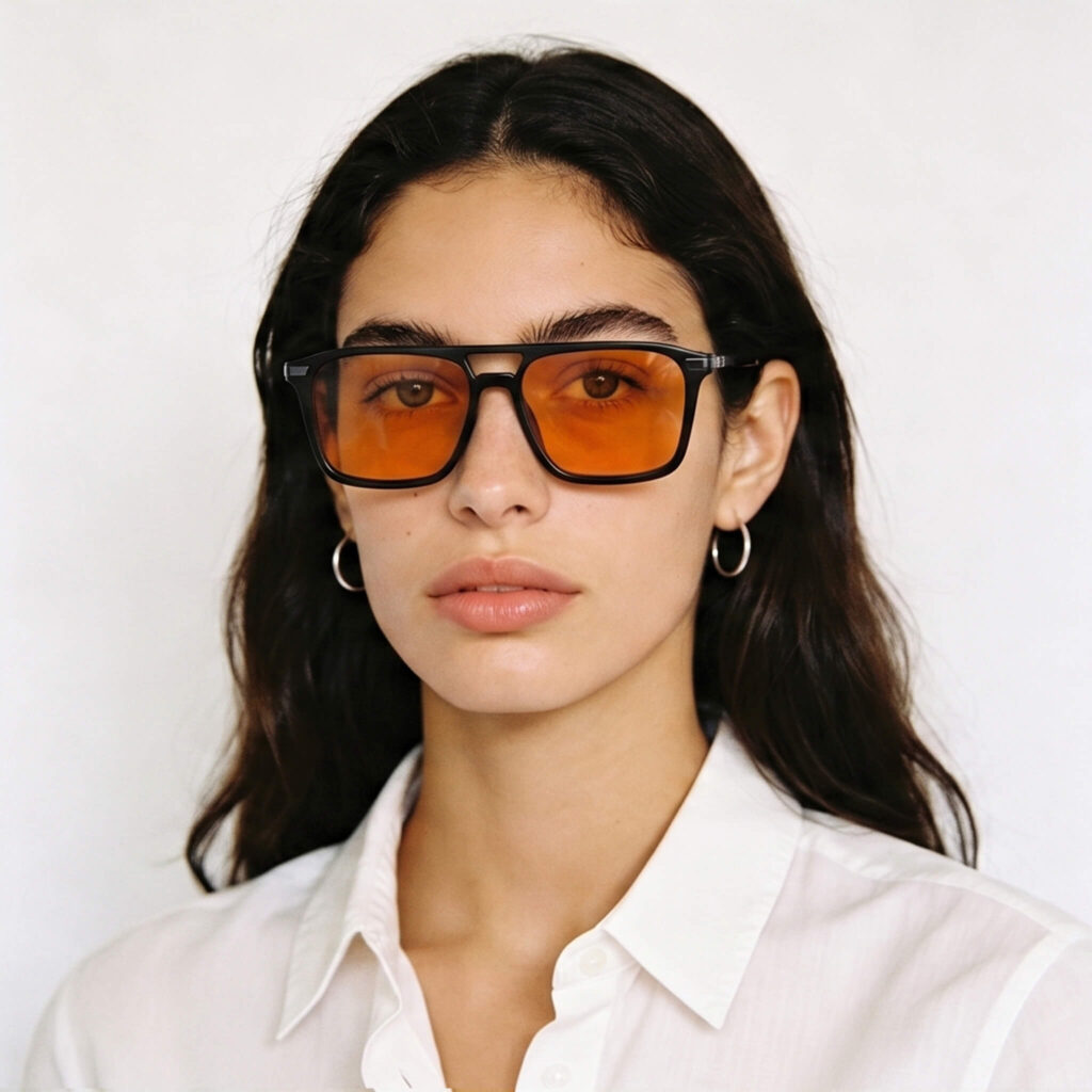 3091-Female model wearing Gloojo Night Ease orange lenses with a bold double-bridge frame