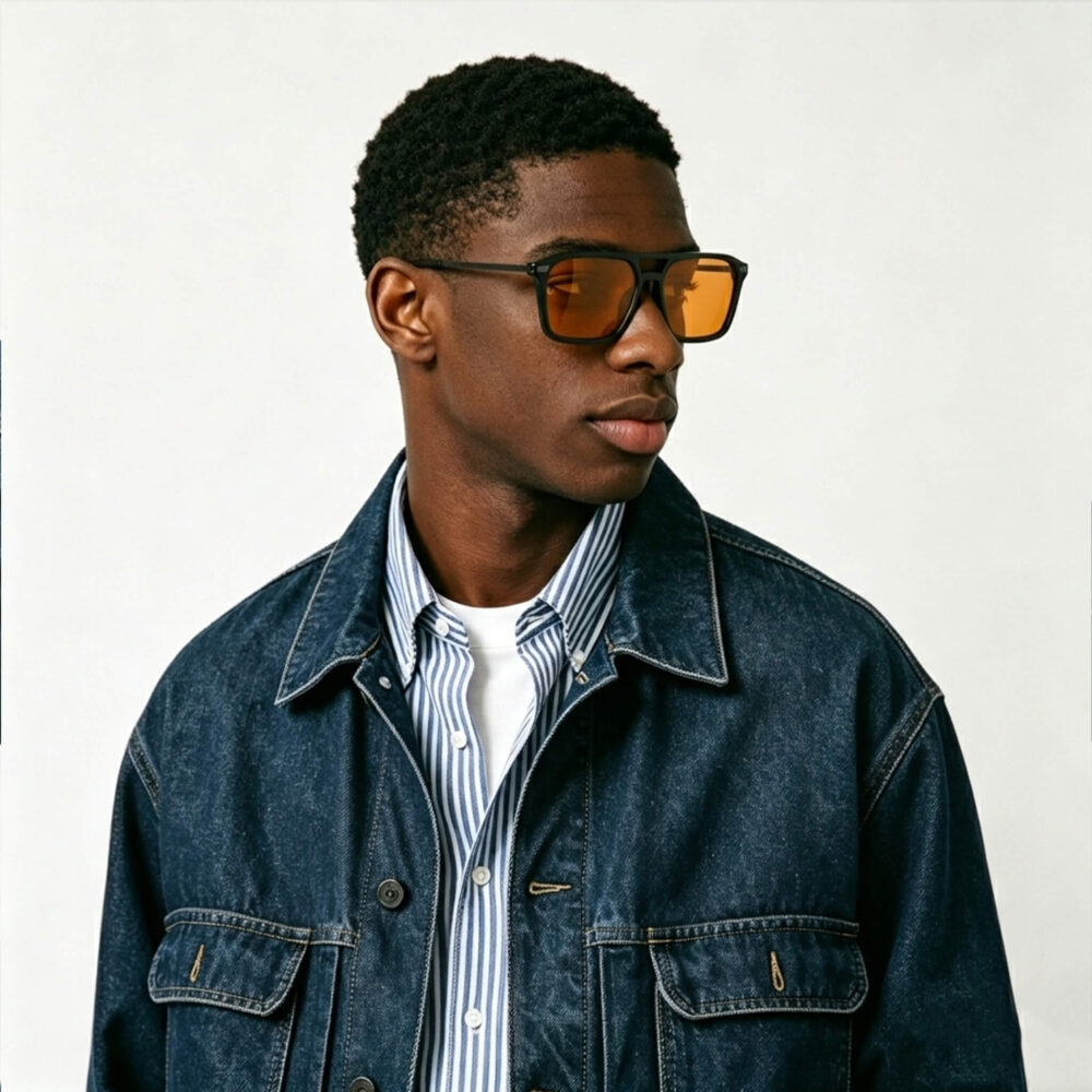 3091-Male model showcasing Gloojo Night Ease orange-lens eyewear for better sleep