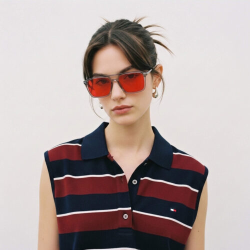 3091-Model showcasing Gloojo Night Ease red-lens glasses to defend against sleep-disrupting blue light