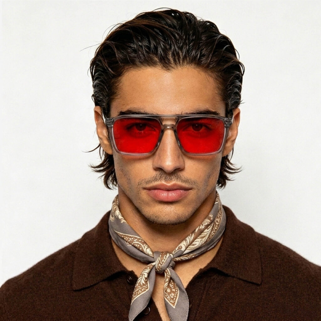 3091-Portrait of model in Gloojo Night Ease red-tinted sleep glasses