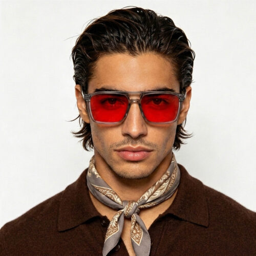 3091-Portrait of model in Gloojo Night Ease red-tinted sleep glasses