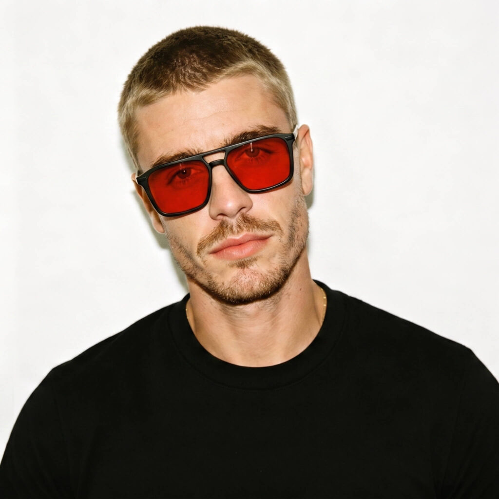 3091-Portrait of model wearing Gloojo Night Ease sleep recovery glasses