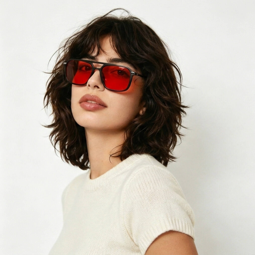 3093-Female model wearing Gloojo Night Ease red-tinted lenses for athletic recovery