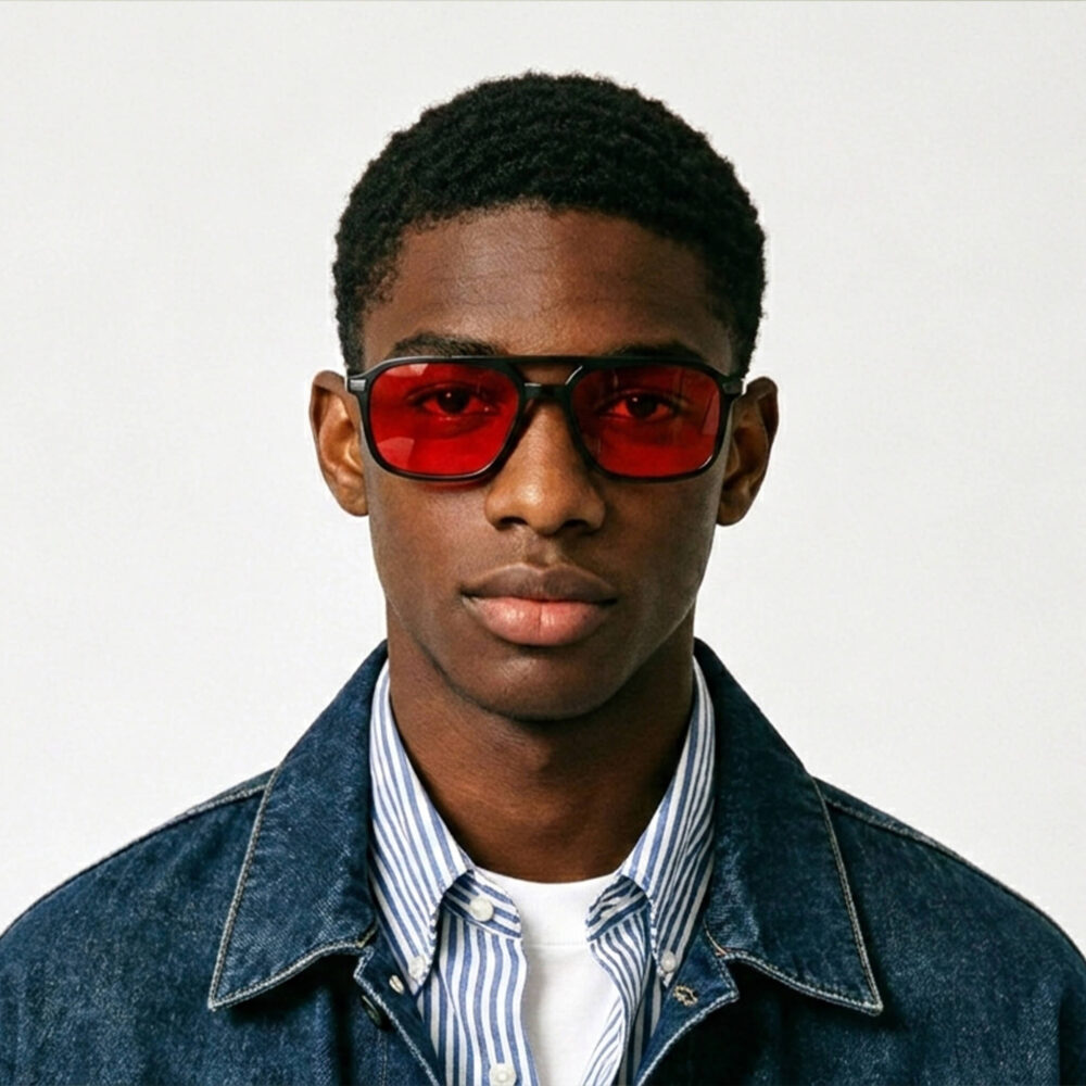 3093-Male model featuring Gloojo Night Ease red lenses for enhanced rest
