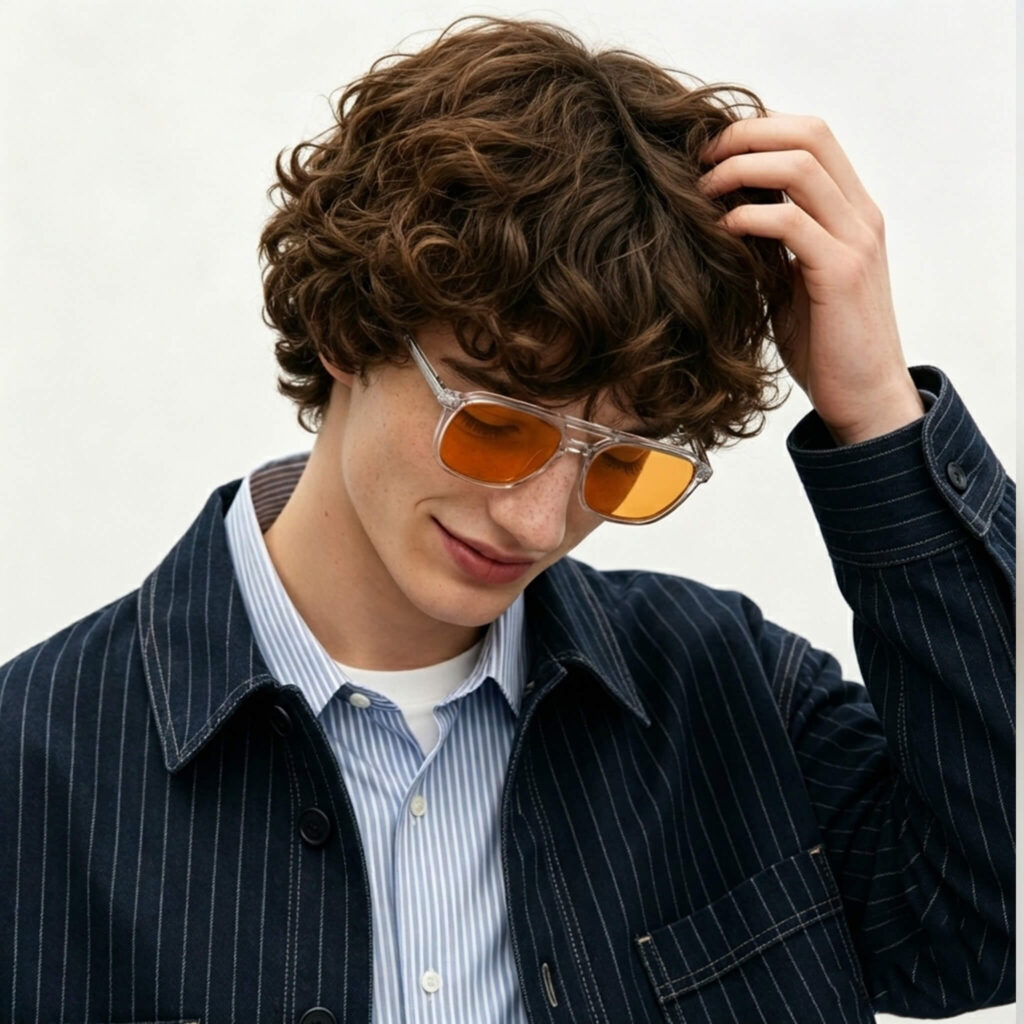 3093-Male model in Gloojo Night Ease orange-tinted eyewear for better rest