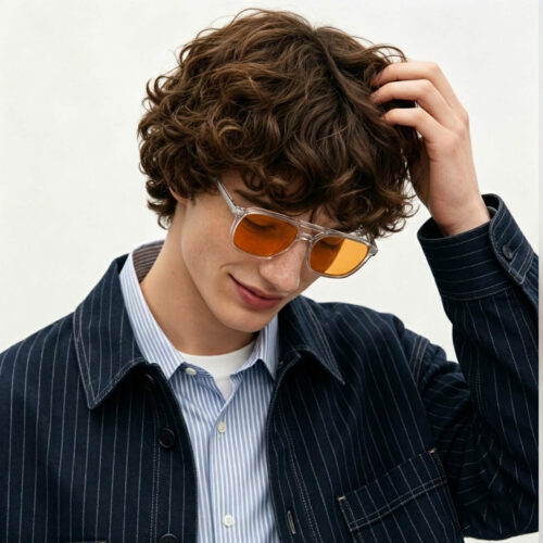 3093-Male model in Gloojo Night Ease orange-tinted eyewear for better rest