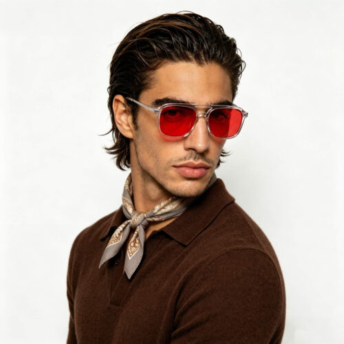 3093-Male model showcasing Gloojo Night Ease red-lens glasses for deep sleep recovery