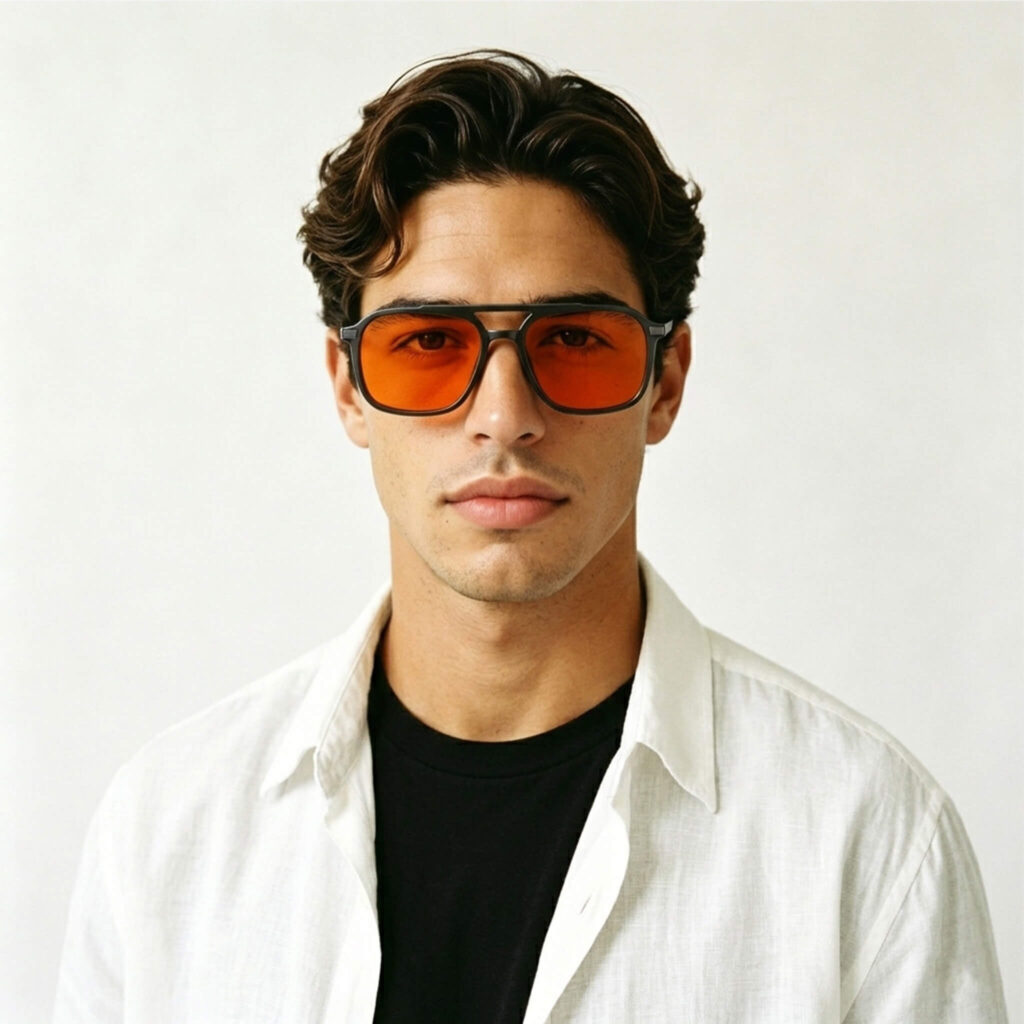 3093-Male model wearing Gloojo Night Ease orange-lens glasses for sleep optimization