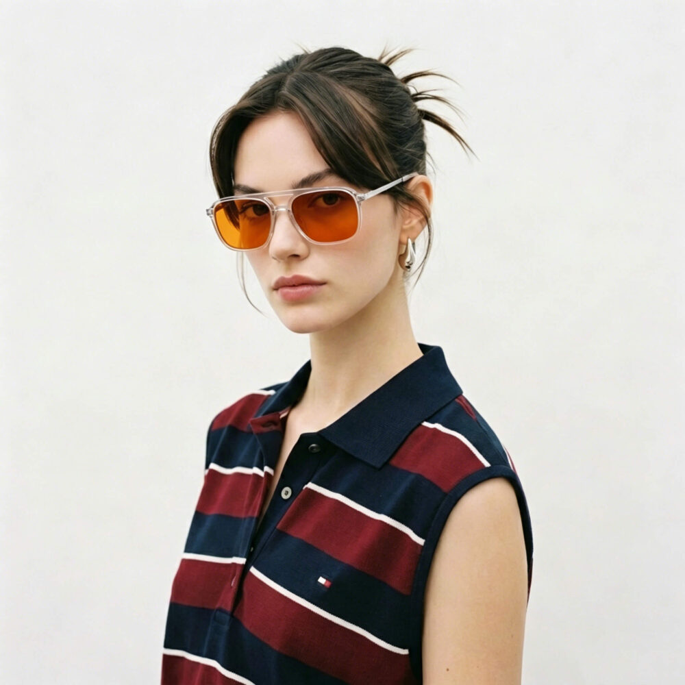 3093-Model in Gloojo Night Ease orange-lens glasses with a modern transparent frame
