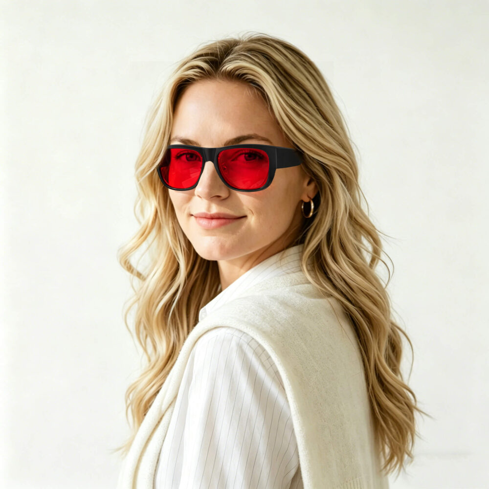 3096-Female model showcasing Gloojo Night Ease red-lens glasses for sleep optimization