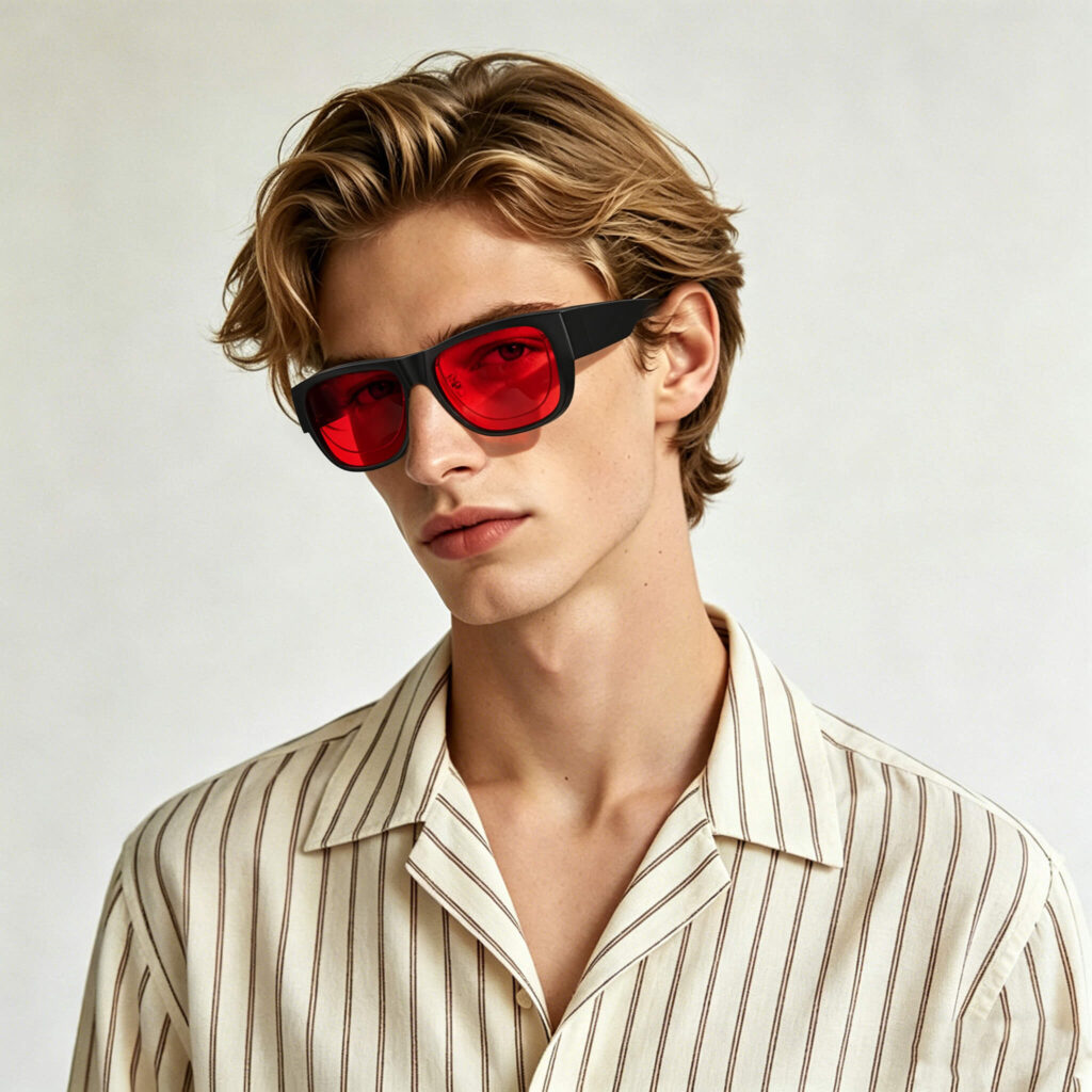 3096-Male model wearing Gloojo Night Ease sleep glasses with red lenses for deep recovery
