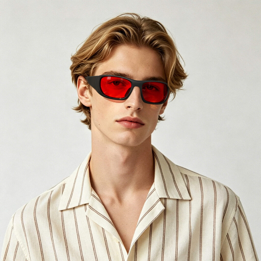3002-Male model featuring Gloojo Night Ease red lenses in a wrap-around frame for circadian health