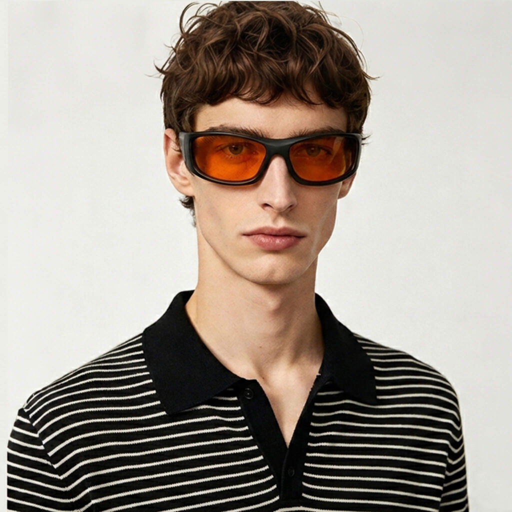 318-Male model wearing Gloojo Night Ease orange lenses to optimize nighttime repair.