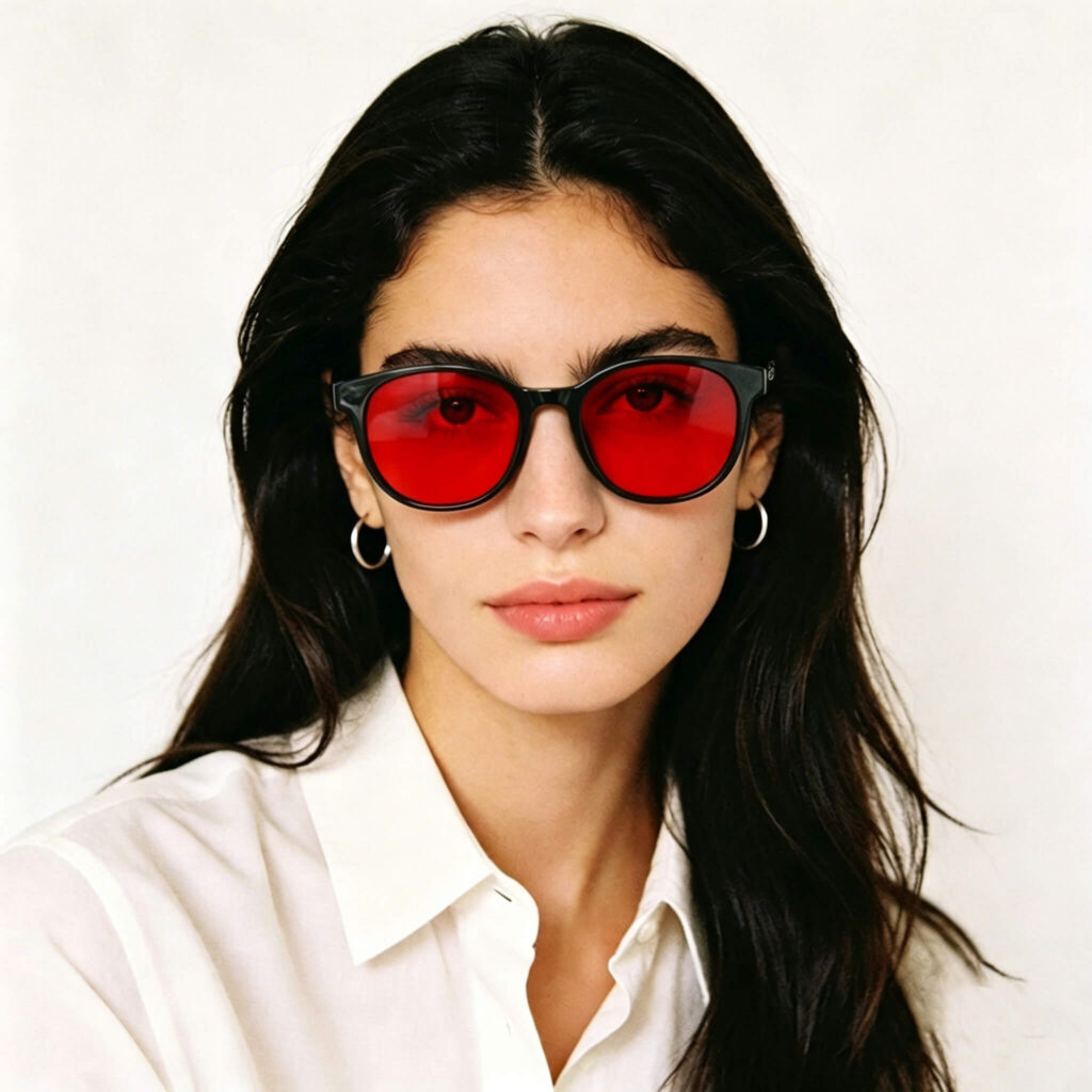 5510-Female model wearing Gloojo Night Ease sleep glasses with red lenses for peak physical recovery