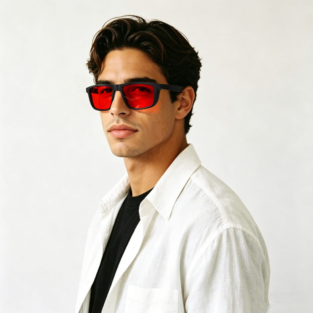 616-Portrait of model in Gloojo Night Ease red-tinted sleep recovery eyewear