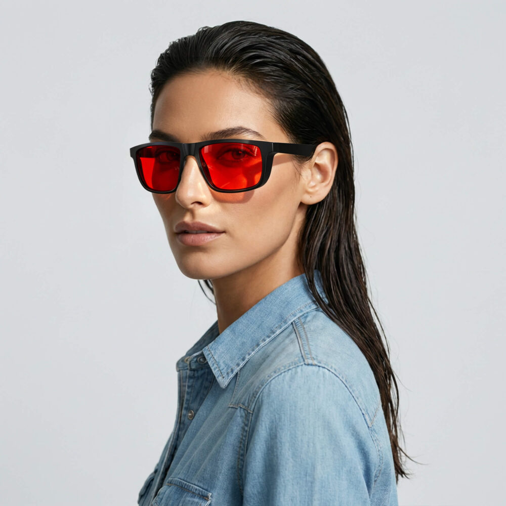 616-Side profile of female model showcasing Gloojo Night Ease red-lens glasses