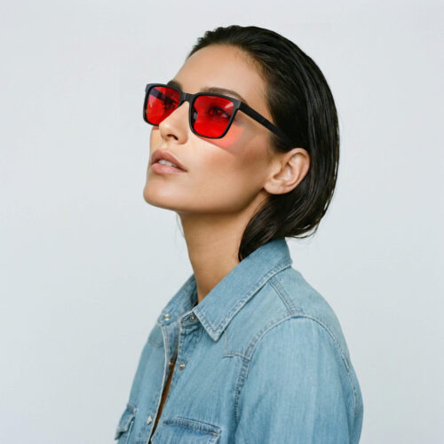 8810-Female model featuring Gloojo Night Ease red lenses for peak sleep performance