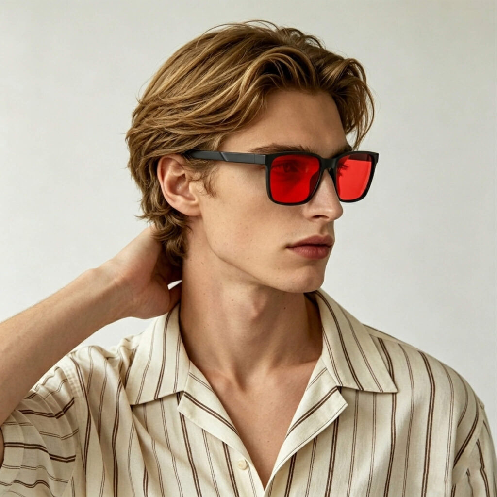 8810-Male model wearing Gloojo Night Ease sleep glasses with red lenses before bed