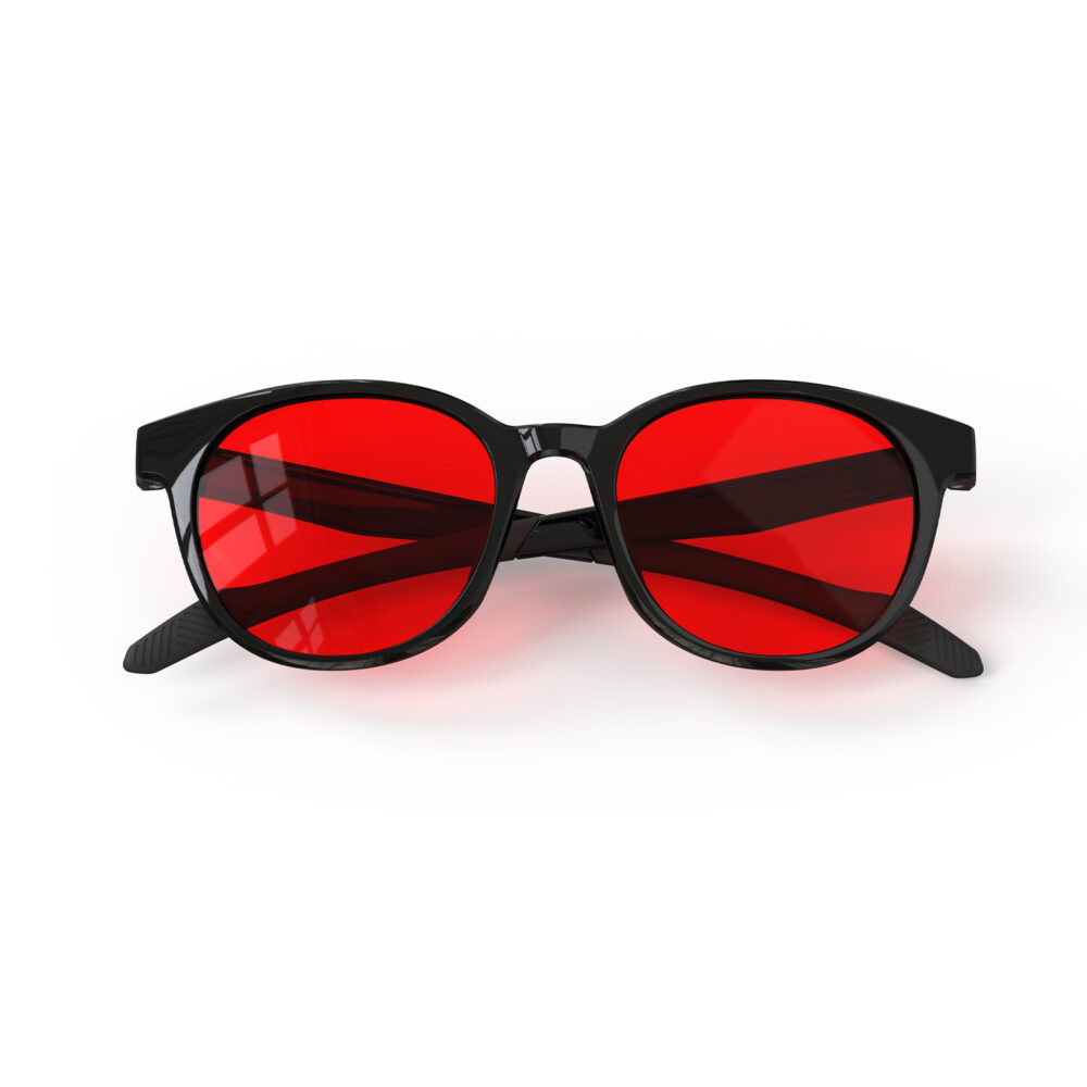 A Folded front view of Gloojo Night Ease Round Red Lens Glasses for sleep-Black