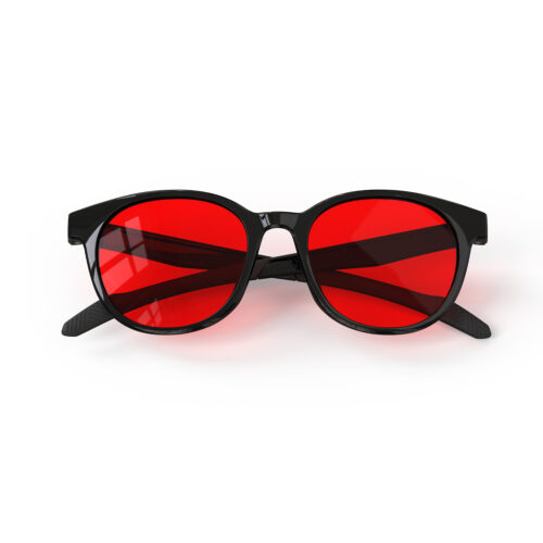 A Folded front view of Gloojo Night Ease Round Red Lens Glasses for sleep-Black