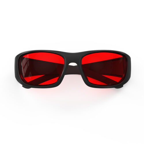 A Folded front view of Gloojo Night Ease Wrap Around Red Lens Sleep Glasses-Black