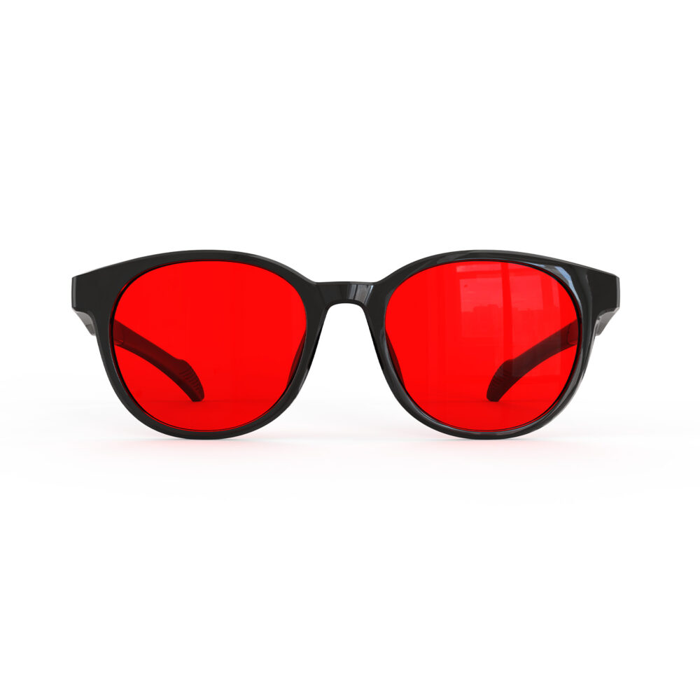 A Front view of Gloojo Night Ease Round Red Lens Glasses for sleep-Black