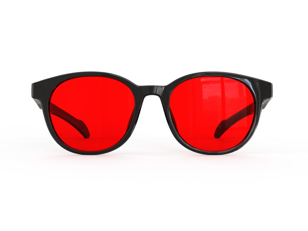 A Front view of Gloojo Night Ease Round Red Lens Glasses for sleep-Black