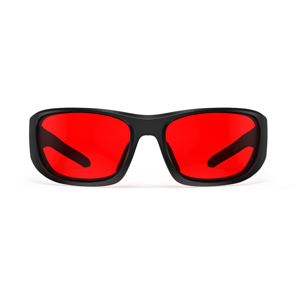 A Front view of Gloojo Night Ease Wrap Around Red Lens Sleep Glasses-Black