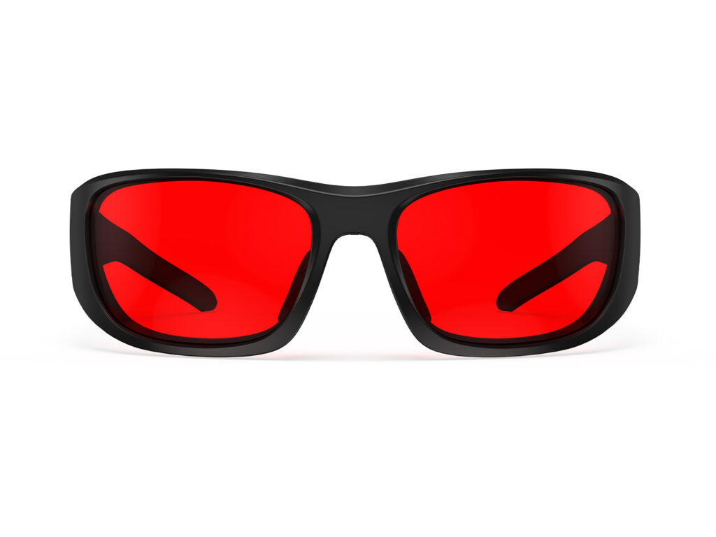 A Front view of Gloojo Night Ease Wrap Around Red Lens Sleep Glasses-Black