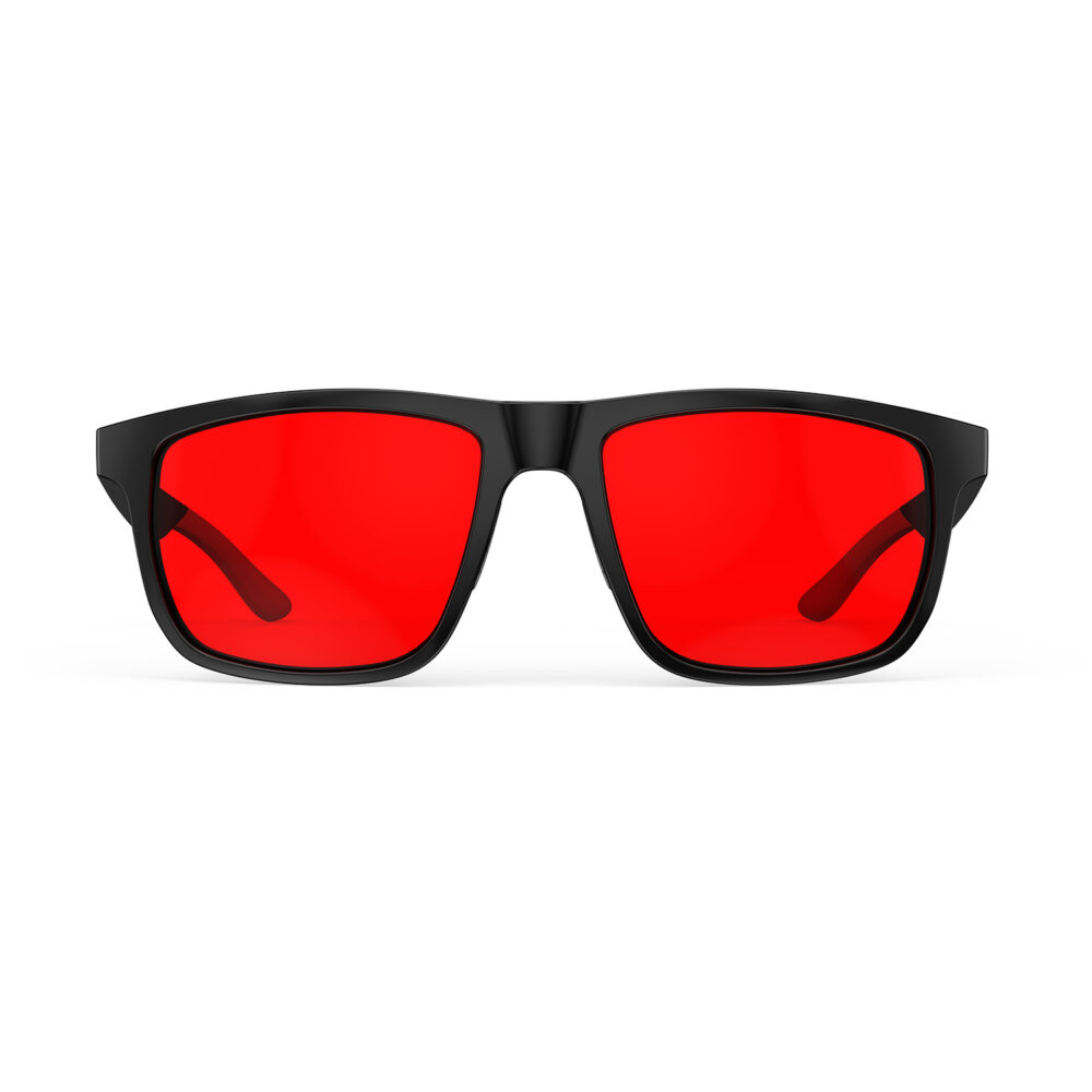 A Front view of Gloojo Night Ease XL Square Red Lens Glasses for sleep-Black