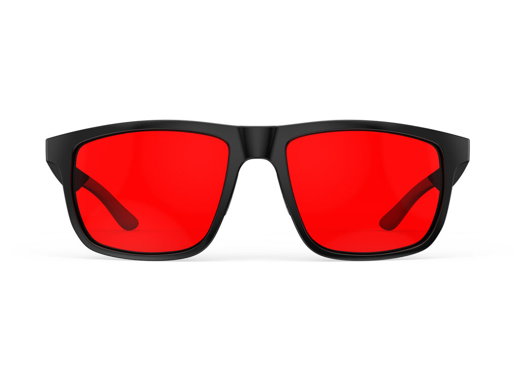 A Front view of Gloojo Night Ease XL Square Red Lens Glasses for sleep-Black