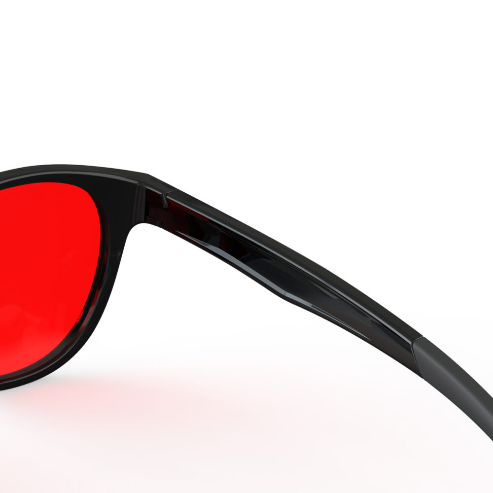 A Hinge closeup of Gloojo Night Ease Round Red Lens Glasses for sleep-Black