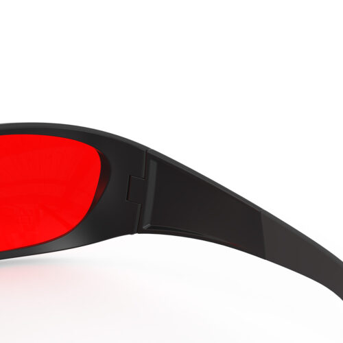 A Hinge closeup of Gloojo Night Ease Wrap Around Red Lens Sleep Glasses-Black