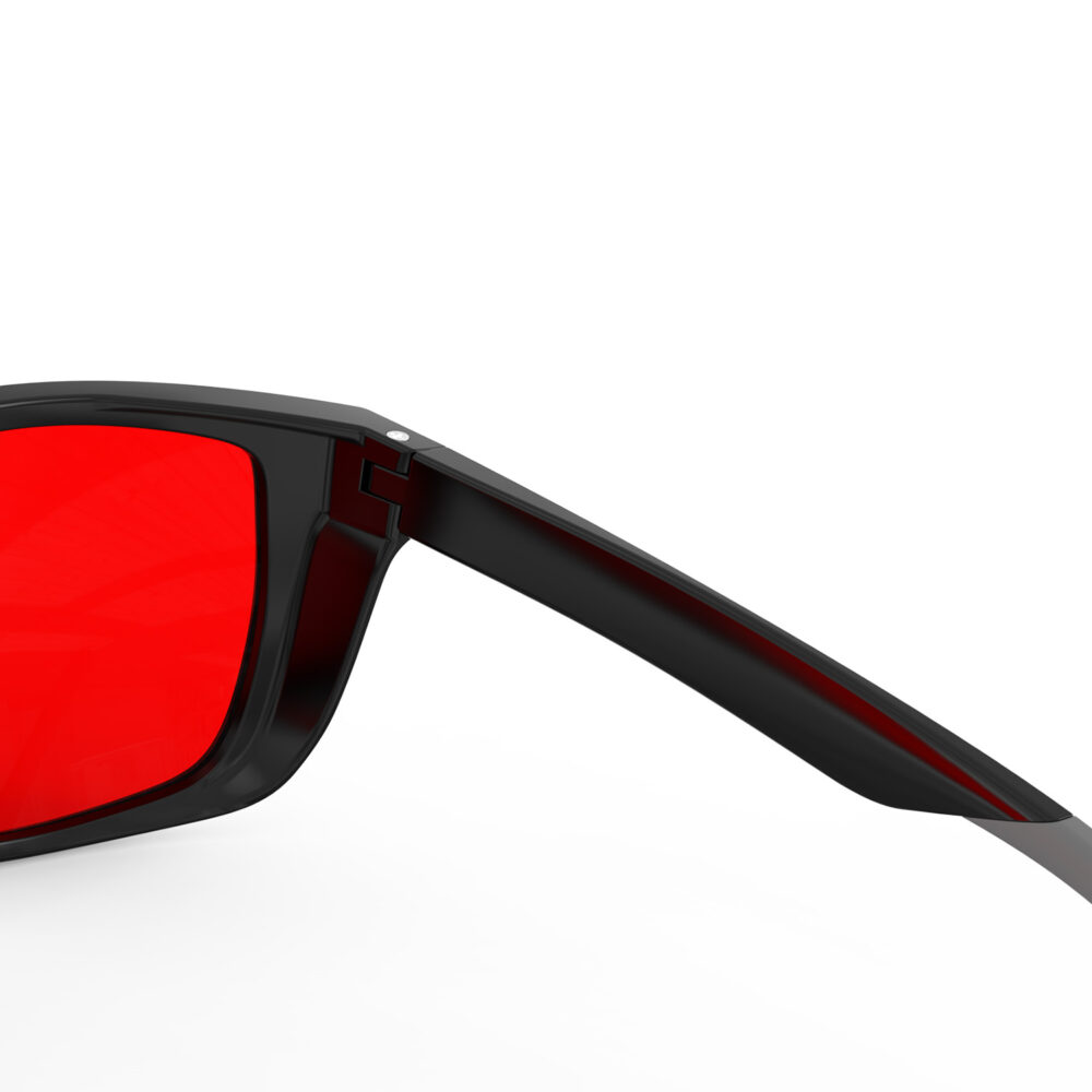 A Hinge closeup of Gloojo Night Ease XL Square Red Lens Glasses for sleep-Black