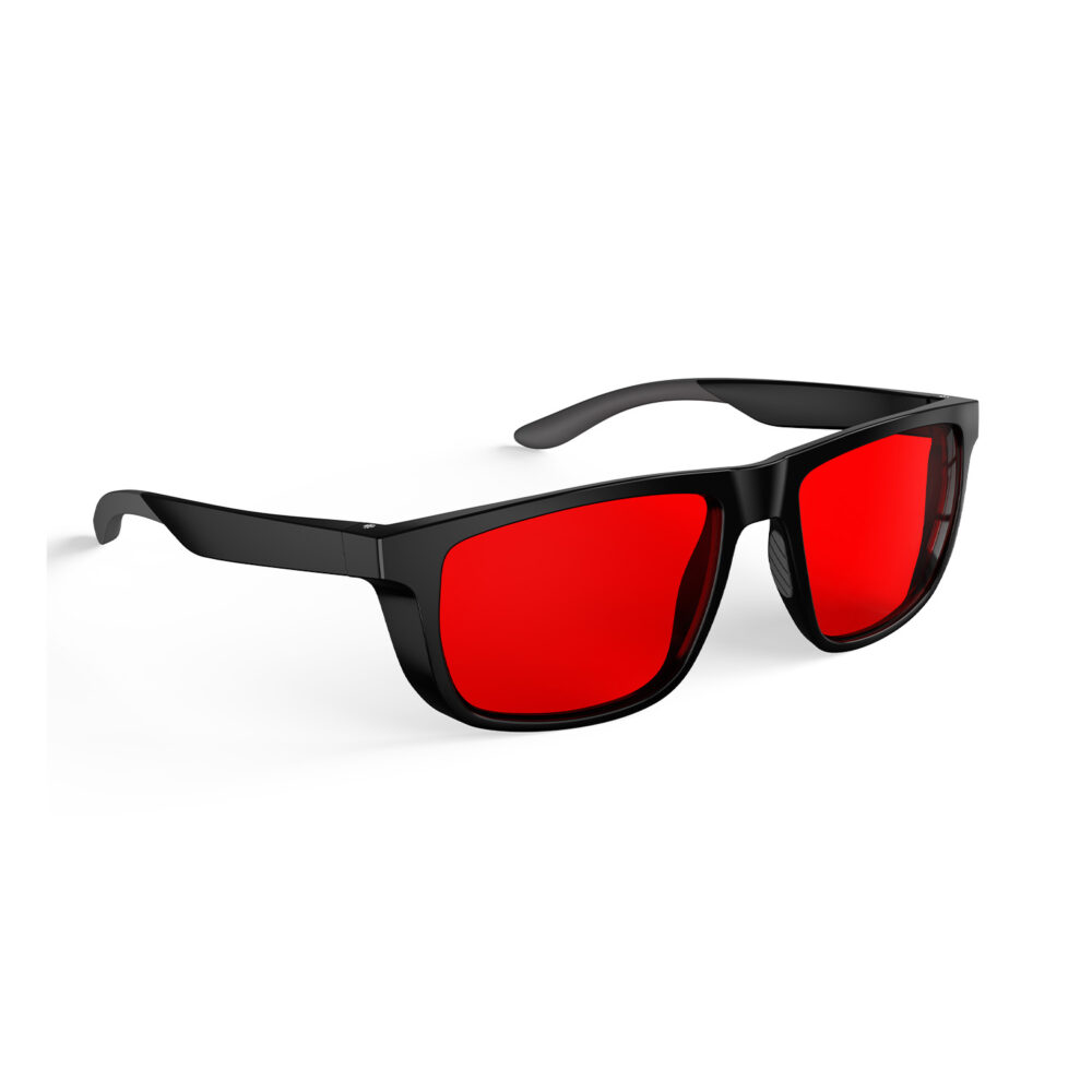 A Right side view of Gloojo Night Ease XL Square Red Lens Glasses for sleep-Black