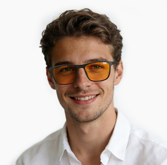 Gloojo-Amber-Shield-Amber-Lenses-Male-Model-Front-View-with-Square-Frame-Male