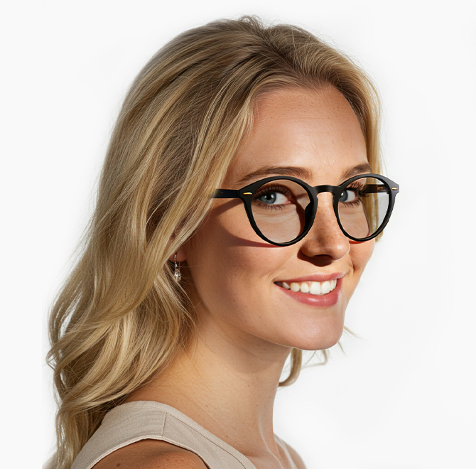 Gloojo-Clear-Pro-wear-on-Model-Side-View-with-Classic-Round-frame-glasses